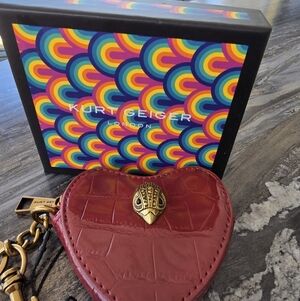 Kurt Geiger Maroon Red Patent  Croc-Embossed Heart Coin Pouch with Gold Hardware